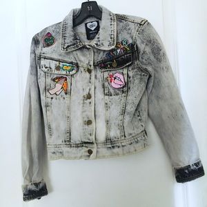 Black acid wash laser kitten denim patch jacket